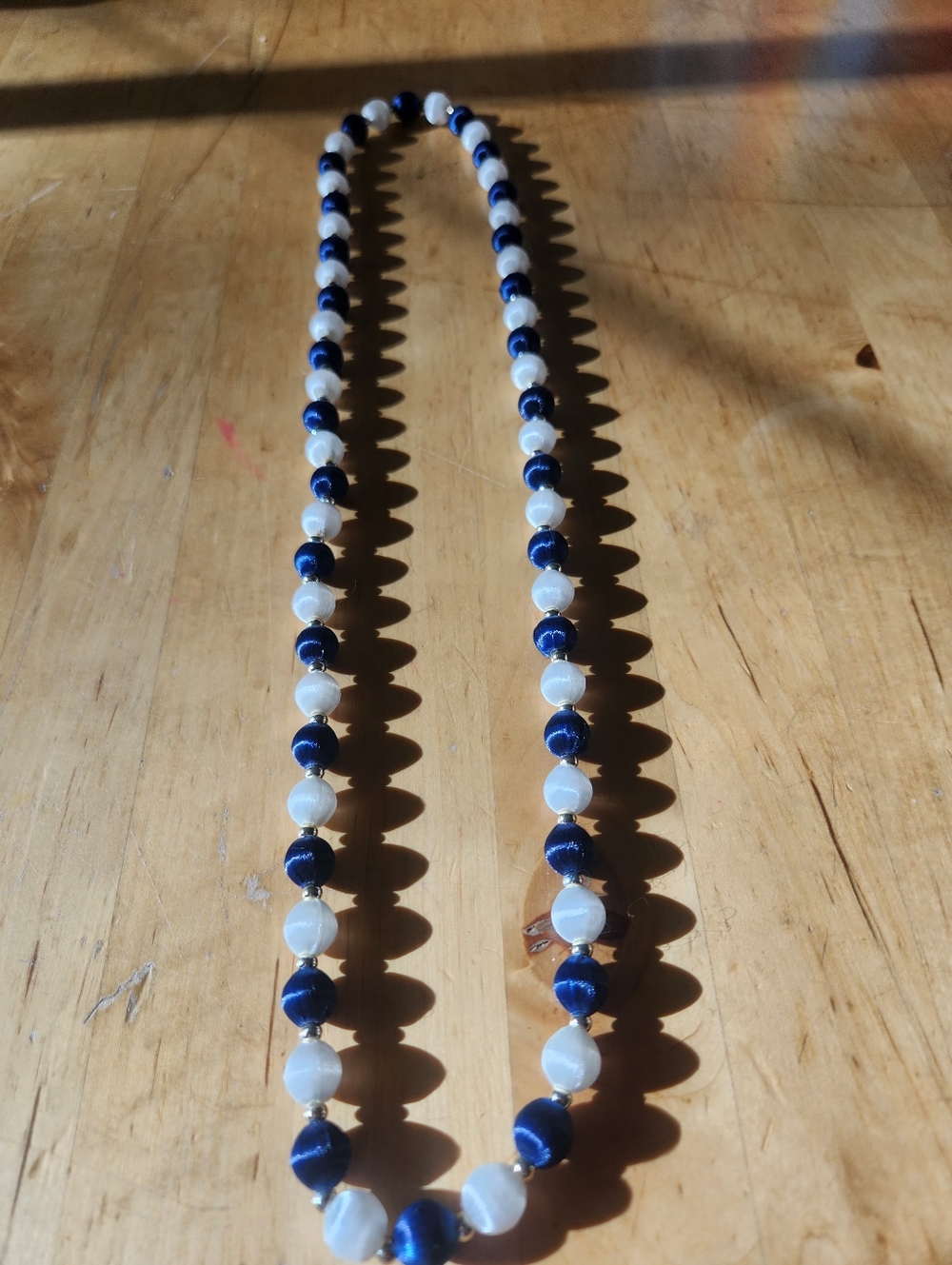 Vintage Blue & White Silk Thread Beaded Necklace Gold Tone Spacers
